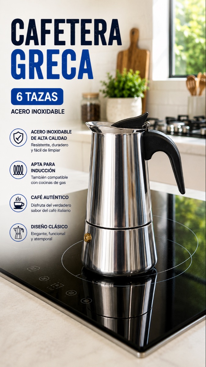 CAFETERA GRECA 6 TAZAS EN ACERO INOX  BG-1782   RE