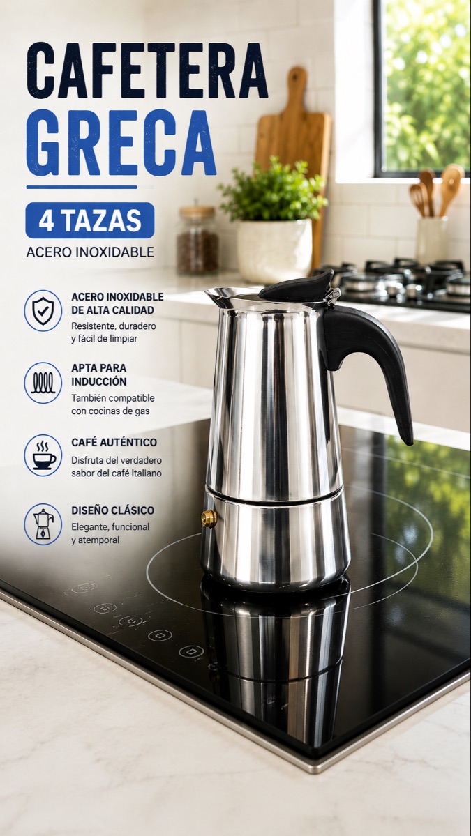 CAFETERA GRECA 4 TAZAS ACERO INOXIDABLE BERGNER