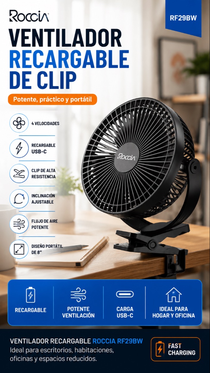 VENTILADOR RECARGABLE 8" CLIP 2 EN 1 RF/F020  ROCCIA